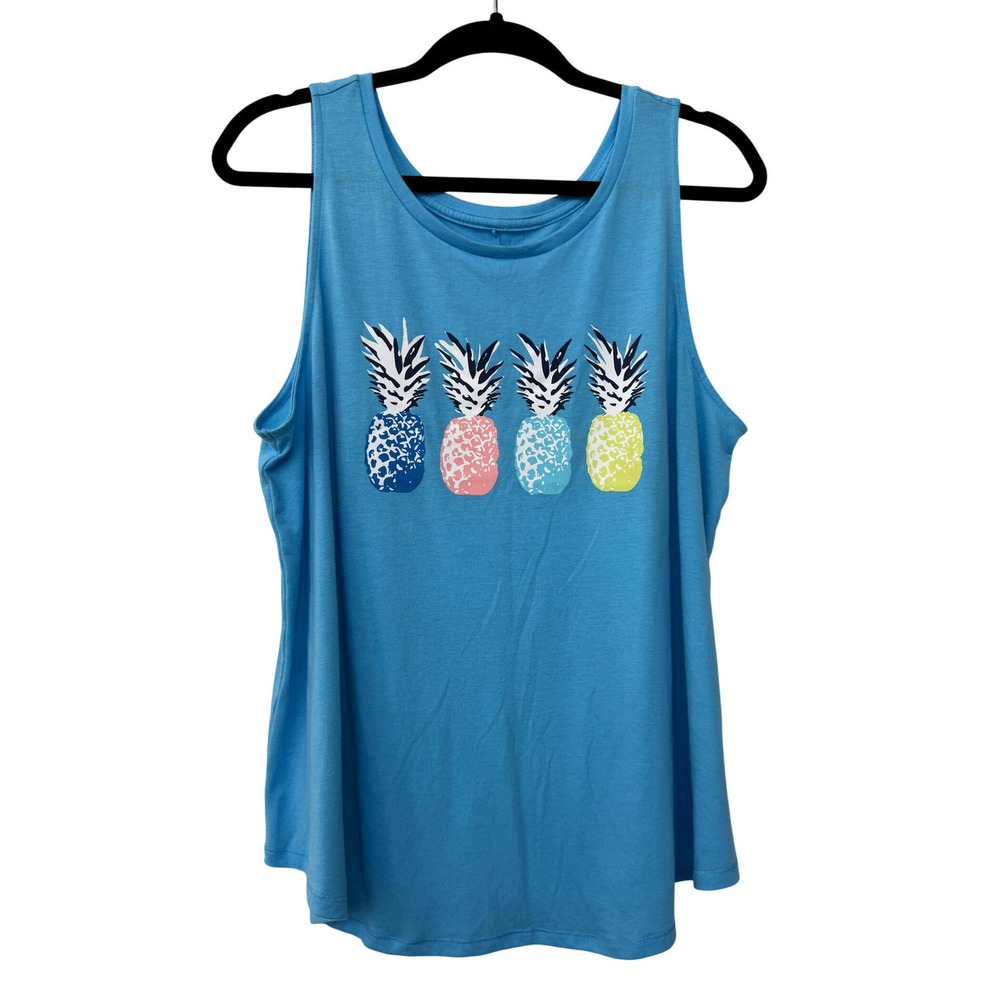 St Johns‎ Bay Womens XL Tank Top Blue Pineapple Print Sleeveless Casual
